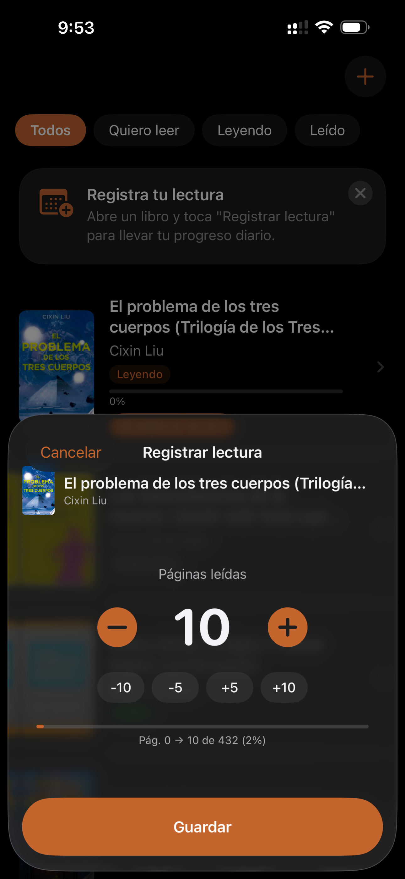 Lectores app mostrando la biblioteca personal con registro de lectura